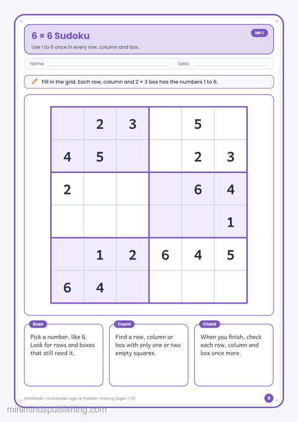 6 × 6 Sudoku — free printable 2nd Grade logic & problem solving worksheet for ages 7-8 (Common Core MP.1)