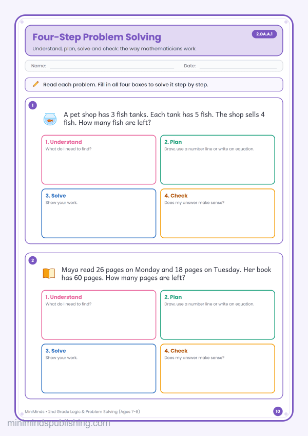 Four-Step Problem Solving — free printable 2nd Grade logic & problem solving worksheet for ages 7-8 (Common Core 2.OA.A.1)