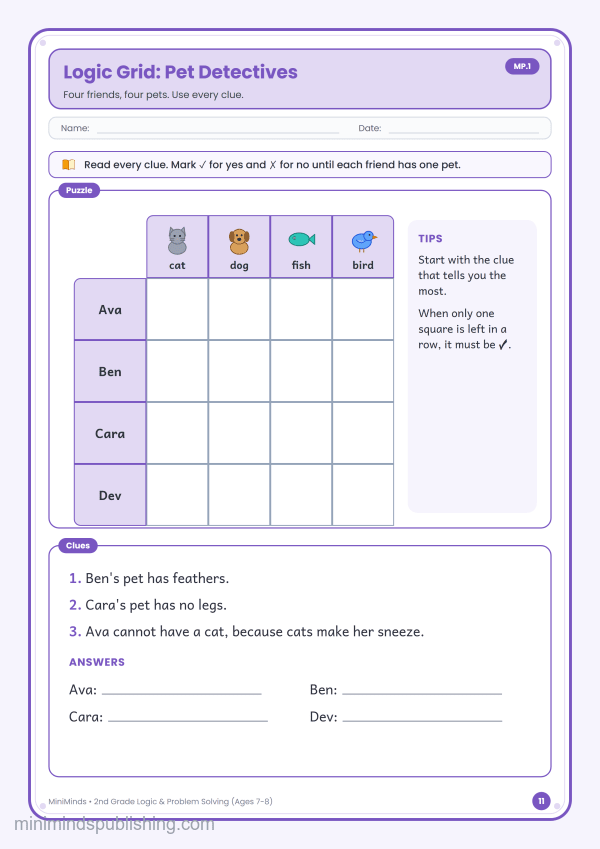 Logic Grid: Pet Detectives — free printable 2nd Grade logic & problem solving worksheet for ages 7-8 (Common Core MP.1)