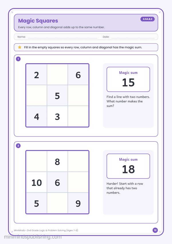 Magic Squares — free printable 2nd Grade logic & problem solving worksheet for ages 7-8 (Common Core 2.OA.B.2)