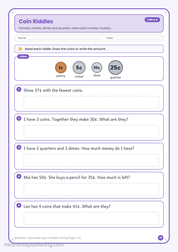 Coin Riddles — free printable 2nd Grade logic & problem solving worksheet for ages 7-8 (Common Core 2.MD.C.8)