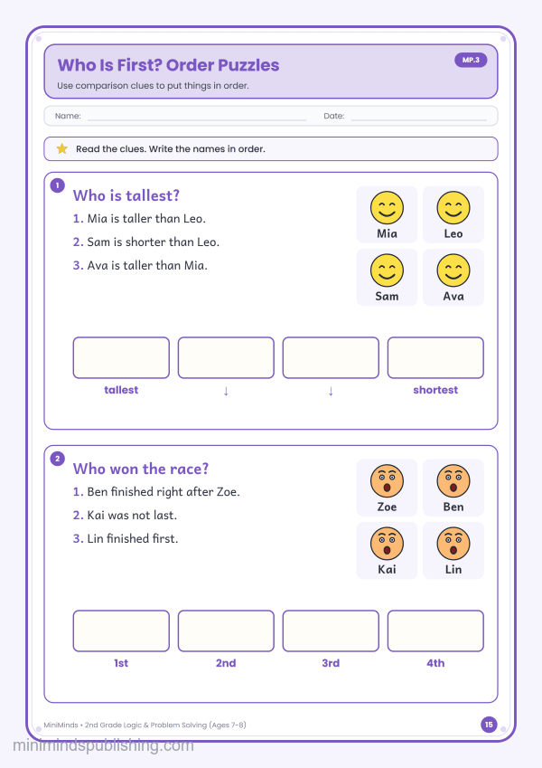 Who Is First? Order Puzzles — free printable 2nd Grade logic & problem solving worksheet for ages 7-8 (Common Core MP.3)