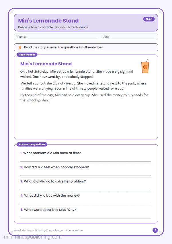 Mia's Lemonade Stand — free printable 2nd Grade reading comprehension worksheet for ages 7-8 (Common Core RL.2.3)