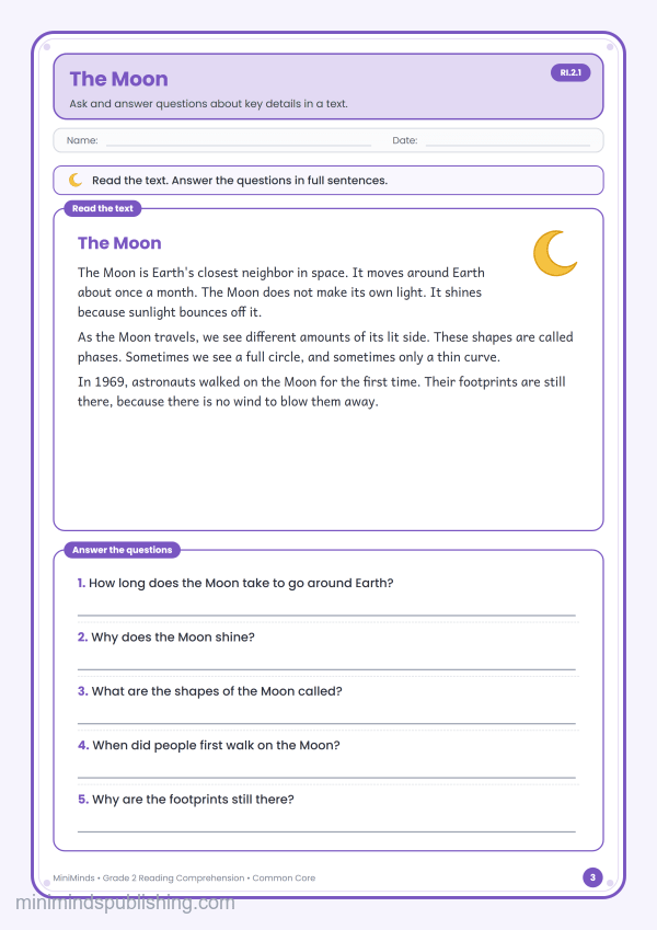 The Moon — free printable 2nd Grade reading comprehension worksheet for ages 7-8 (Common Core RI.2.1)