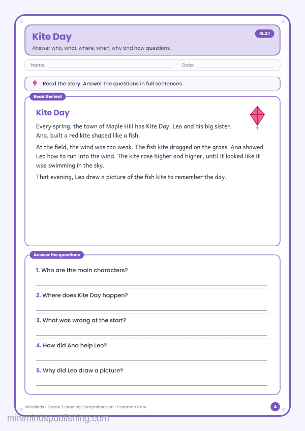 Kite Day — free printable 2nd Grade reading comprehension worksheet for ages 7-8 (Common Core RL.2.1)