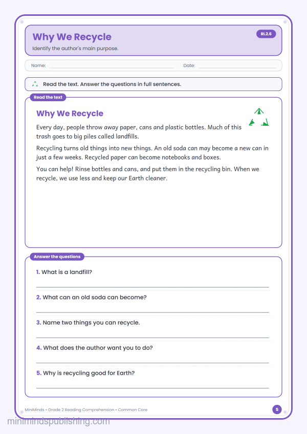Why We Recycle — free printable 2nd Grade reading comprehension worksheet for ages 7-8 (Common Core RI.2.6)