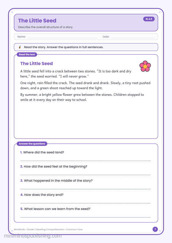 The Little Seed — free printable 2nd Grade reading comprehension worksheet for ages 7-8 (Common Core RL.2.5)