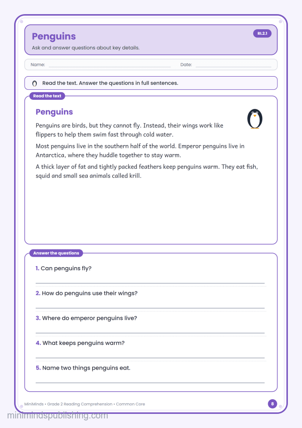 Penguins — free printable 2nd Grade reading comprehension worksheet for ages 7-8 (Common Core RI.2.1)