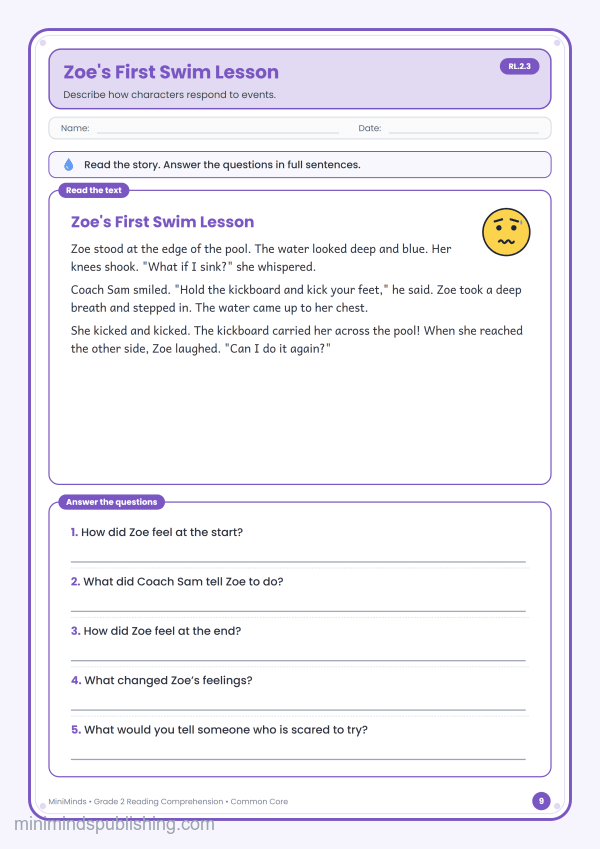 Zoe's First Swim Lesson — free printable 2nd Grade reading comprehension worksheet for ages 7-8 (Common Core RL.2.3)