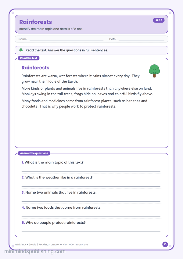 Rainforests — free printable 2nd Grade reading comprehension worksheet for ages 7-8 (Common Core RI.2.2)