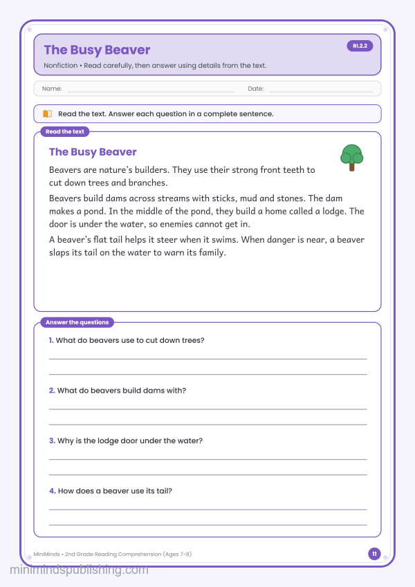 The Busy Beaver — free printable 2nd Grade reading comprehension worksheet for ages 7-8 (Common Core RI.2.2)