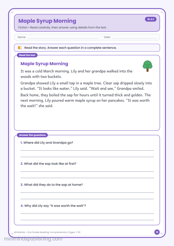 Maple Syrup Morning — free printable 2nd Grade reading comprehension worksheet for ages 7-8 (Common Core RL.2.3)