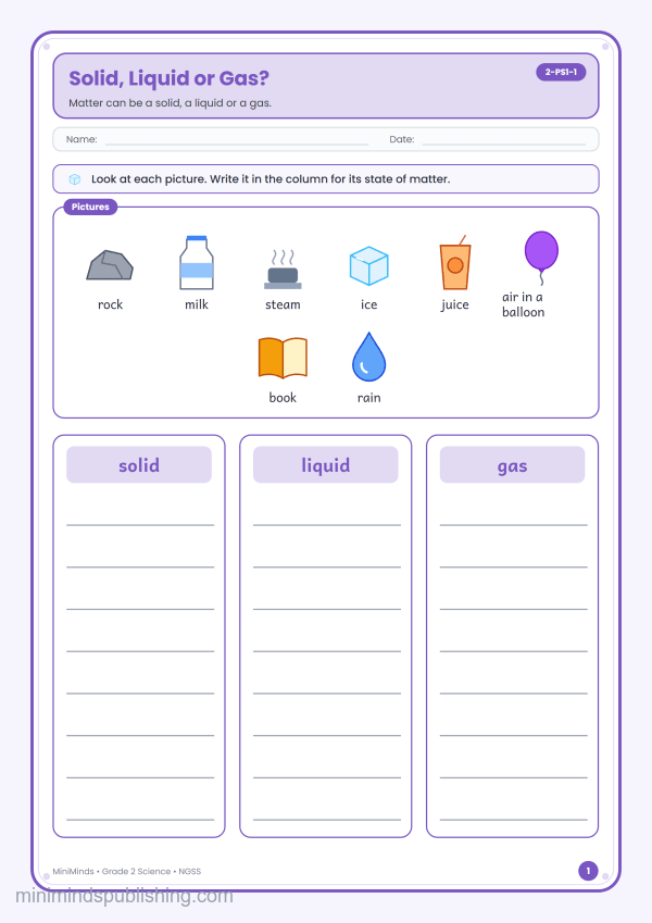 Solid, Liquid or Gas? — free printable 2nd Grade science worksheet for ages 7-8 (Common Core 2-PS1-1)