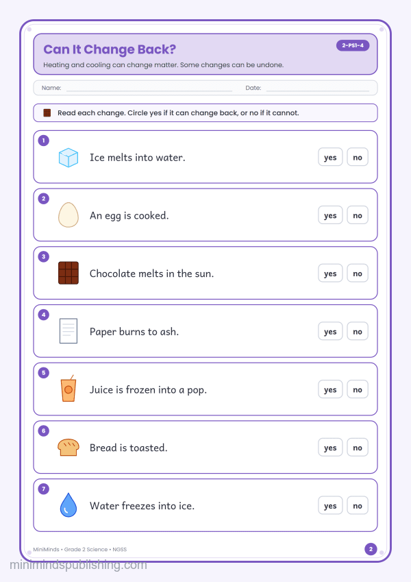 Can It Change Back? — free printable 2nd Grade science worksheet for ages 7-8 (Common Core 2-PS1-4)