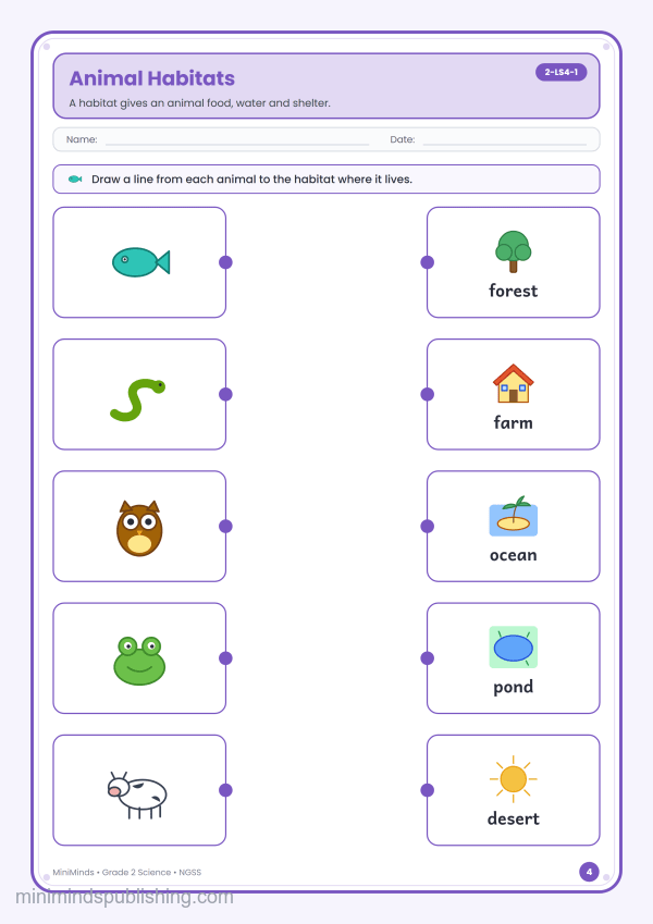 Animal Habitats — free printable 2nd Grade science worksheet for ages 7-8 (Common Core 2-LS4-1)