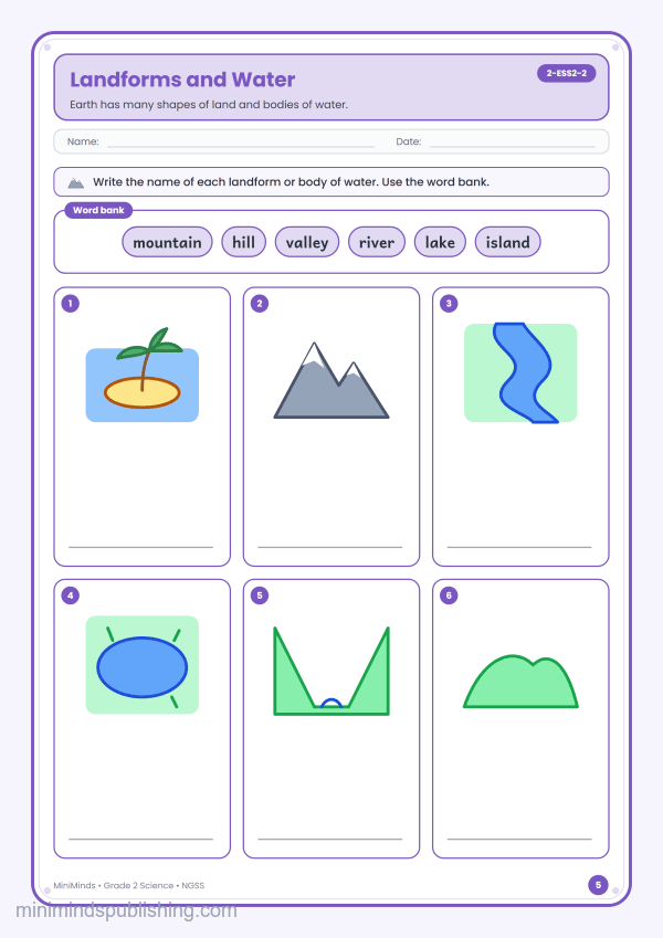 Landforms and Water — free printable 2nd Grade science worksheet for ages 7-8 (Common Core 2-ESS2-2)