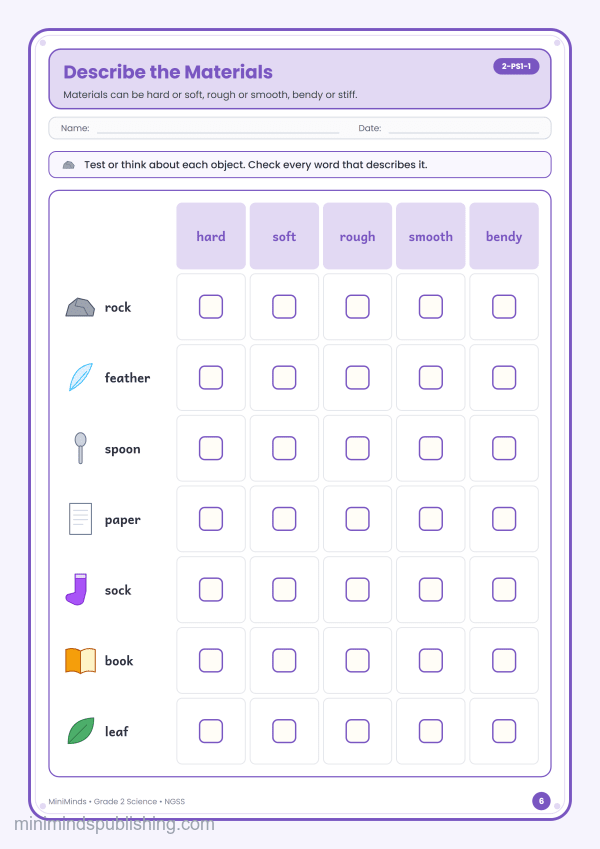 Describe the Materials — free printable 2nd Grade science worksheet for ages 7-8 (Common Core 2-PS1-1)