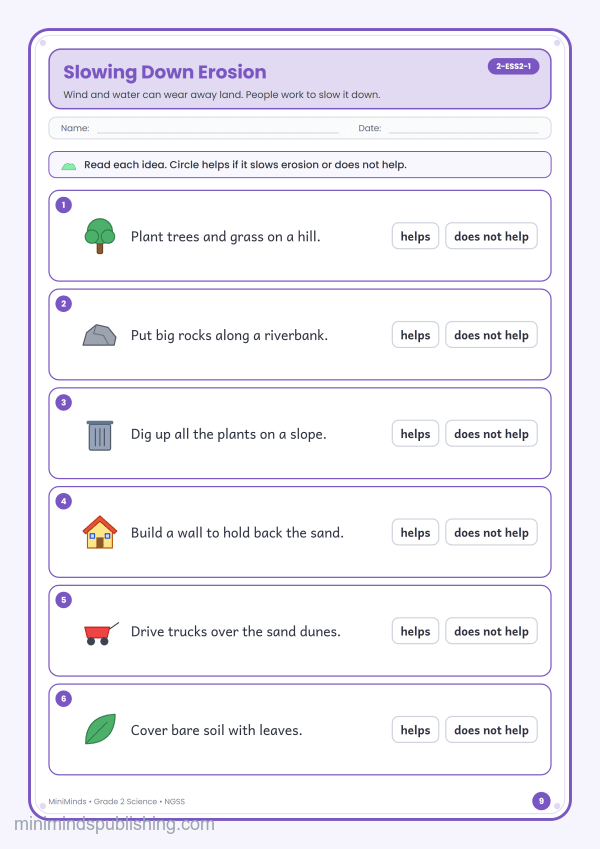 Slowing Down Erosion — free printable 2nd Grade science worksheet for ages 7-8 (Common Core 2-ESS2-1)