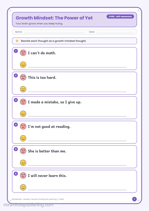 Growth Mindset: The Power of Yet — free printable 2nd Grade social-emotional learning worksheet for ages 7-8 (Common Core CASEL · Self-awareness)
