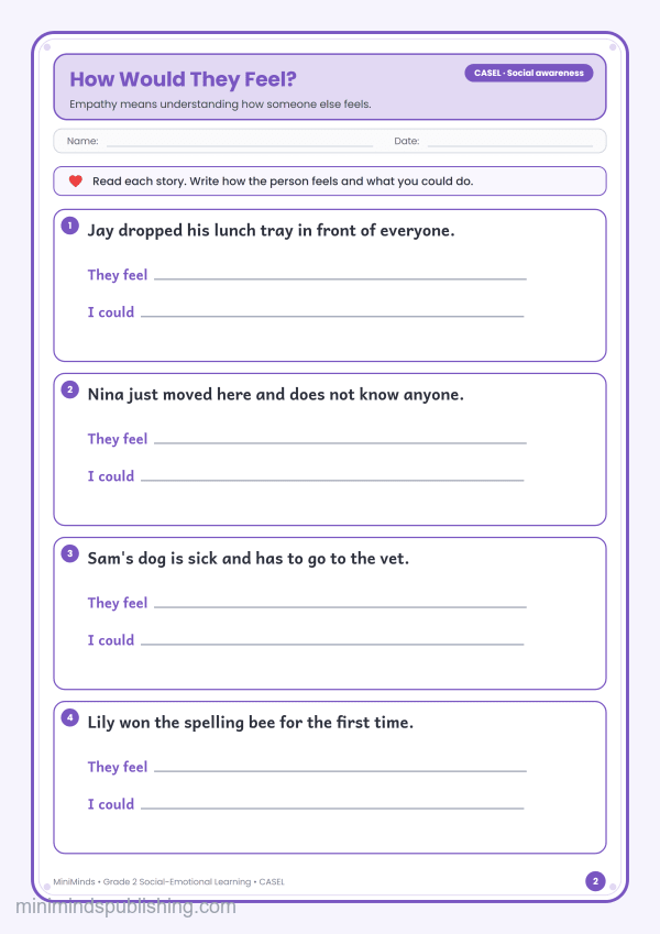 How Would They Feel? — free printable 2nd Grade social-emotional learning worksheet for ages 7-8 (Common Core CASEL · Social awareness)