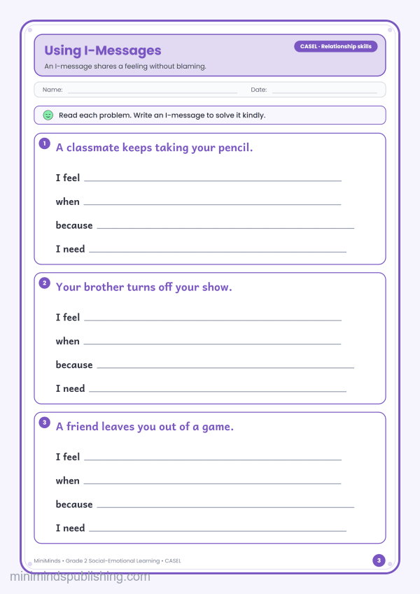 Using I-Messages — free printable 2nd Grade social-emotional learning worksheet for ages 7-8 (Common Core CASEL · Relationship skills)
