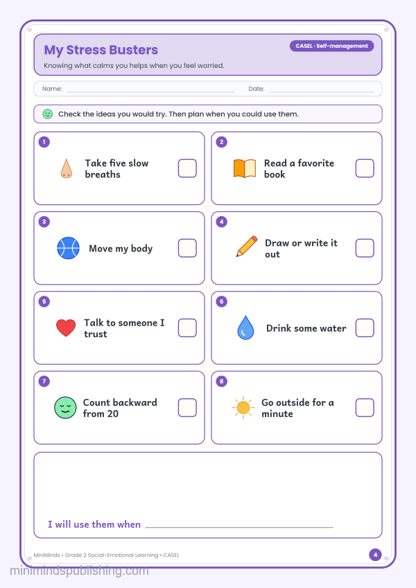 My Stress Busters — free printable 2nd Grade social-emotional learning worksheet for ages 7-8 (Common Core CASEL · Self-management)
