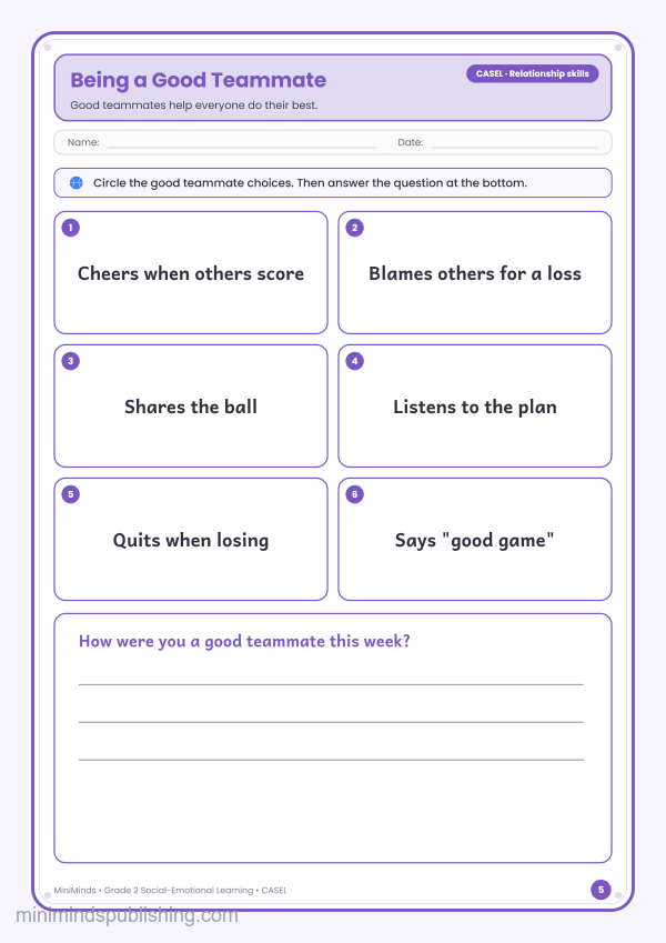 Being a Good Teammate — free printable 2nd Grade social-emotional learning worksheet for ages 7-8 (Common Core CASEL · Relationship skills)