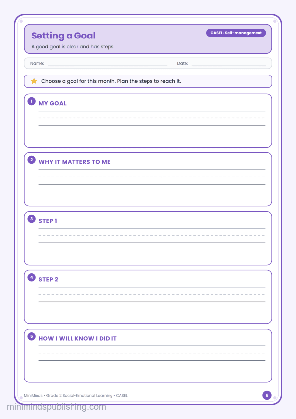 Setting a Goal — free printable 2nd Grade social-emotional learning worksheet for ages 7-8 (Common Core CASEL · Self-management)