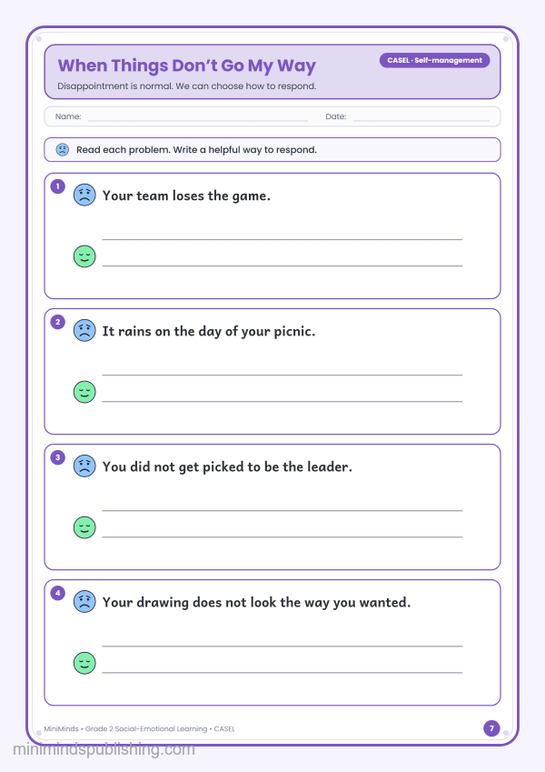 When Things Don’t Go My Way — free printable 2nd Grade social-emotional learning worksheet for ages 7-8 (Common Core CASEL · Self-management)