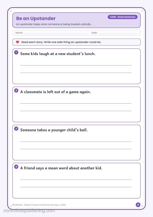 Be an Upstander — free printable 2nd Grade social-emotional learning worksheet for ages 7-8 (Common Core CASEL · Social awareness)