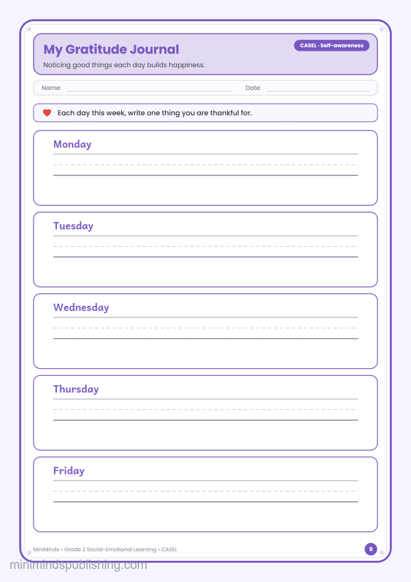 My Gratitude Journal — free printable 2nd Grade social-emotional learning worksheet for ages 7-8 (Common Core CASEL · Self-awareness)