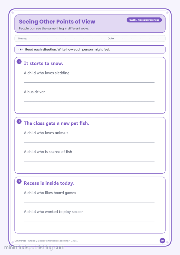 Seeing Other Points of View — free printable 2nd Grade social-emotional learning worksheet for ages 7-8 (Common Core CASEL · Social awareness)