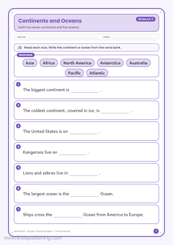 Continents and Oceans — free printable 2nd Grade social studies worksheet for ages 7-8 (Common Core D2.Geo.2.K-2)