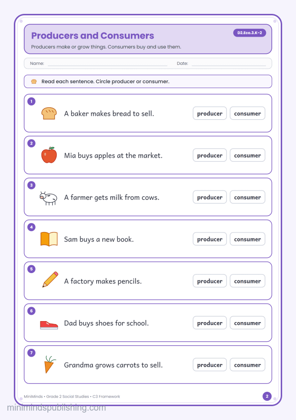 Producers and Consumers — free printable 2nd Grade social studies worksheet for ages 7-8 (Common Core D2.Eco.3.K-2)