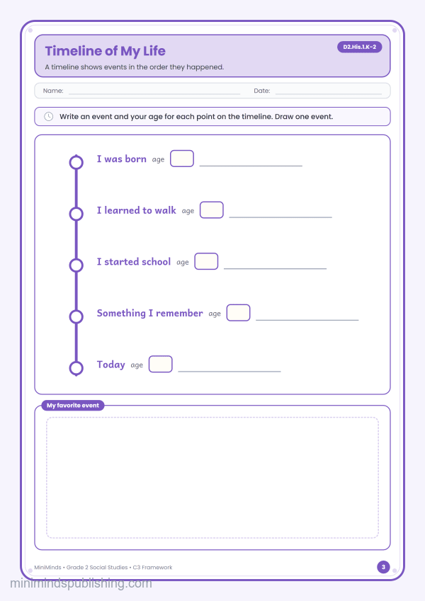 Timeline of My Life — free printable 2nd Grade social studies worksheet for ages 7-8 (Common Core D2.His.1.K-2)