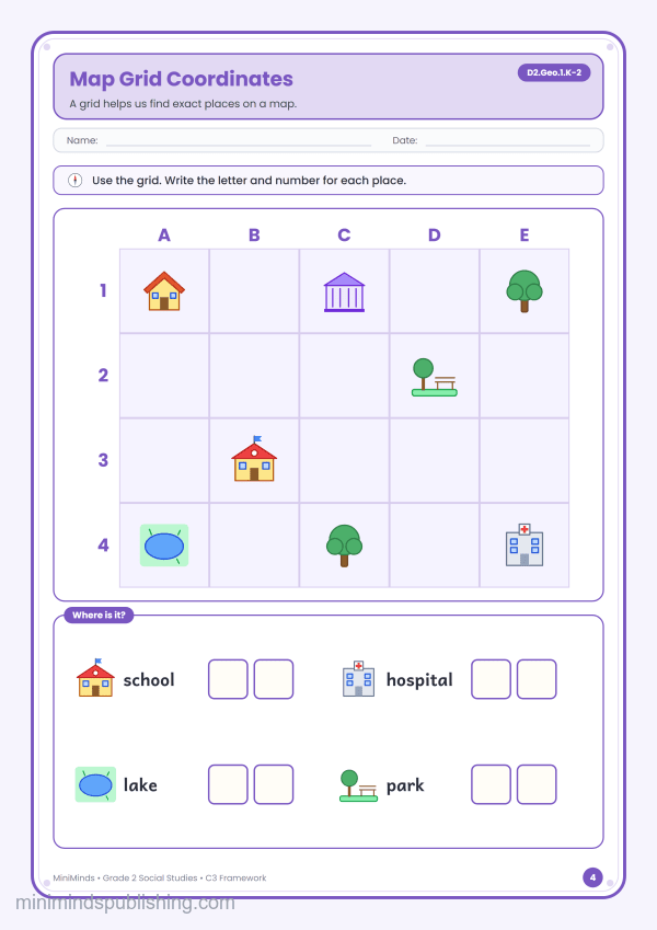 Map Grid Coordinates — free printable 2nd Grade social studies worksheet for ages 7-8 (Common Core D2.Geo.1.K-2)