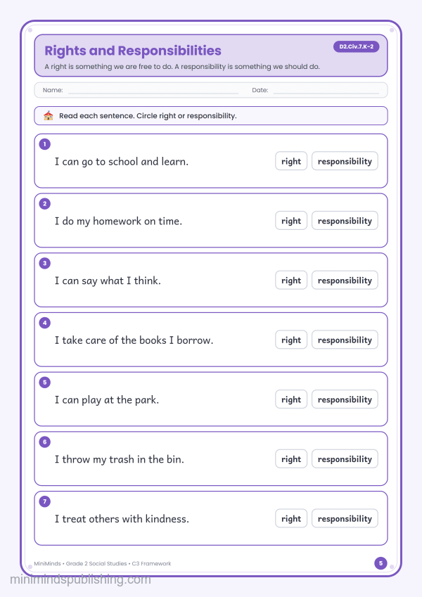 Rights and Responsibilities — free printable 2nd Grade social studies worksheet for ages 7-8 (Common Core D2.Civ.7.K-2)