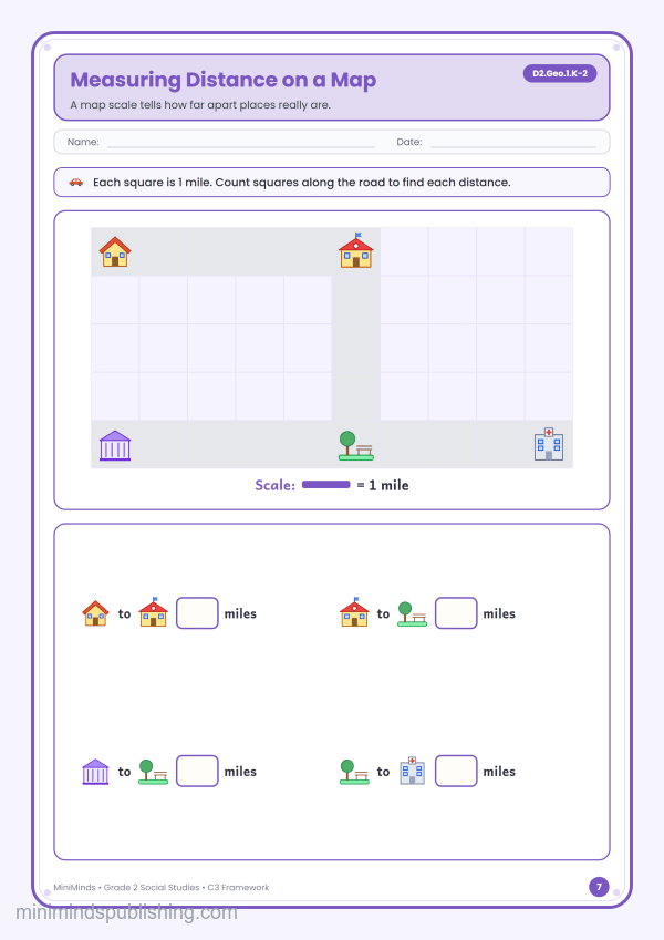 Measuring Distance on a Map — free printable 2nd Grade social studies worksheet for ages 7-8 (Common Core D2.Geo.1.K-2)