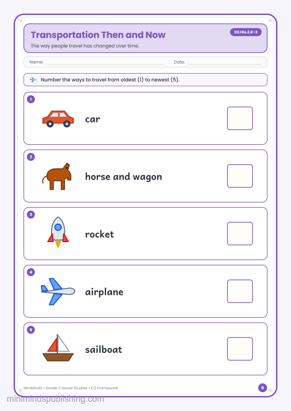 Transportation Then and Now — free printable 2nd Grade social studies worksheet for ages 7-8 (Common Core D2.His.2.K-2)