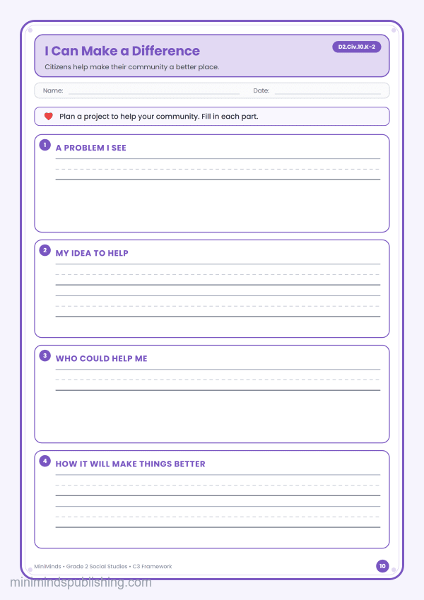 I Can Make a Difference — free printable 2nd Grade social studies worksheet for ages 7-8 (Common Core D2.Civ.10.K-2)