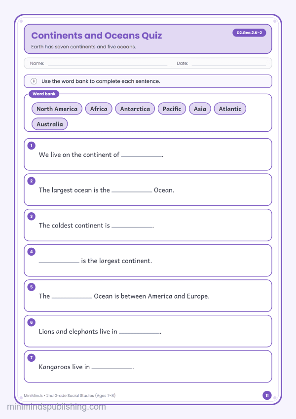 Continents and Oceans Quiz — free printable 2nd Grade social studies worksheet for ages 7-8 (Common Core D2.Geo.2.K-2)