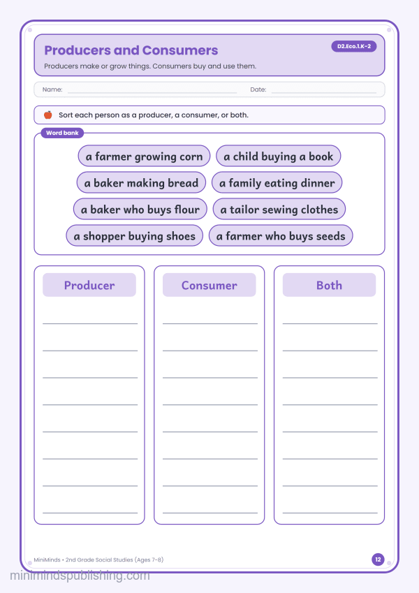 Producers and Consumers — free printable 2nd Grade social studies worksheet for ages 7-8 (Common Core D2.Eco.1.K-2)
