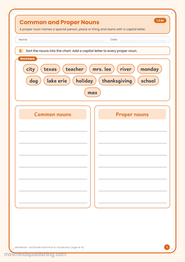 Common and Proper Nouns — free printable 3rd Grade grammar & vocabulary worksheet for ages 8-9 (Common Core L.3.2a)