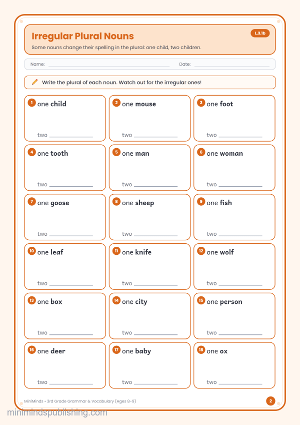 Irregular Plural Nouns — free printable 3rd Grade grammar & vocabulary worksheet for ages 8-9 (Common Core L.3.1b)
