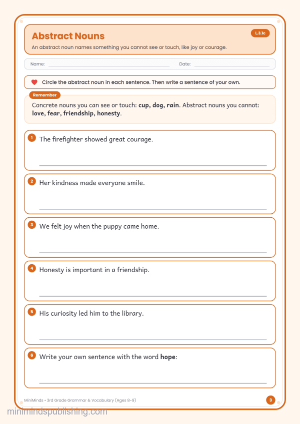 Abstract Nouns — free printable 3rd Grade grammar & vocabulary worksheet for ages 8-9 (Common Core L.3.1c)