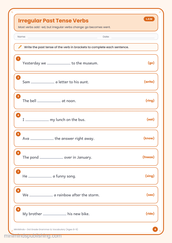 Irregular Past Tense Verbs — free printable 3rd Grade grammar & vocabulary worksheet for ages 8-9 (Common Core L.3.1d)