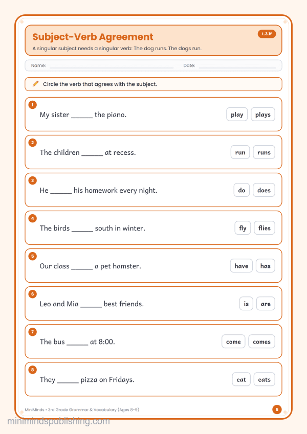 Subject-Verb Agreement — free printable 3rd Grade grammar & vocabulary worksheet for ages 8-9 (Common Core L.3.1f)