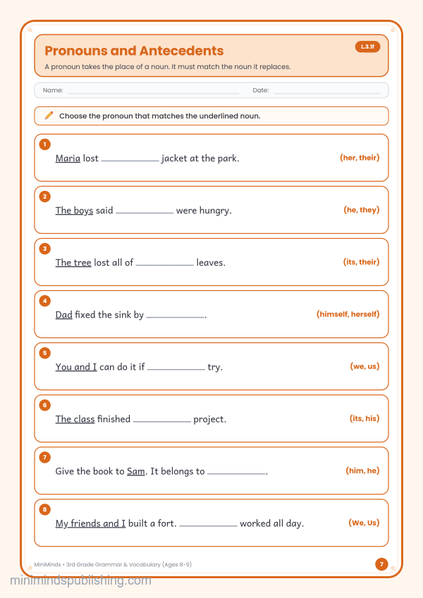 Pronouns and Antecedents — free printable 3rd Grade grammar & vocabulary worksheet for ages 8-9 (Common Core L.3.1f)