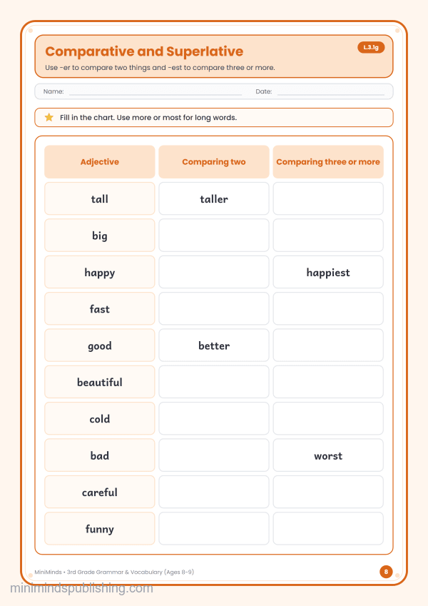Comparative and Superlative — free printable 3rd Grade grammar & vocabulary worksheet for ages 8-9 (Common Core L.3.1g)