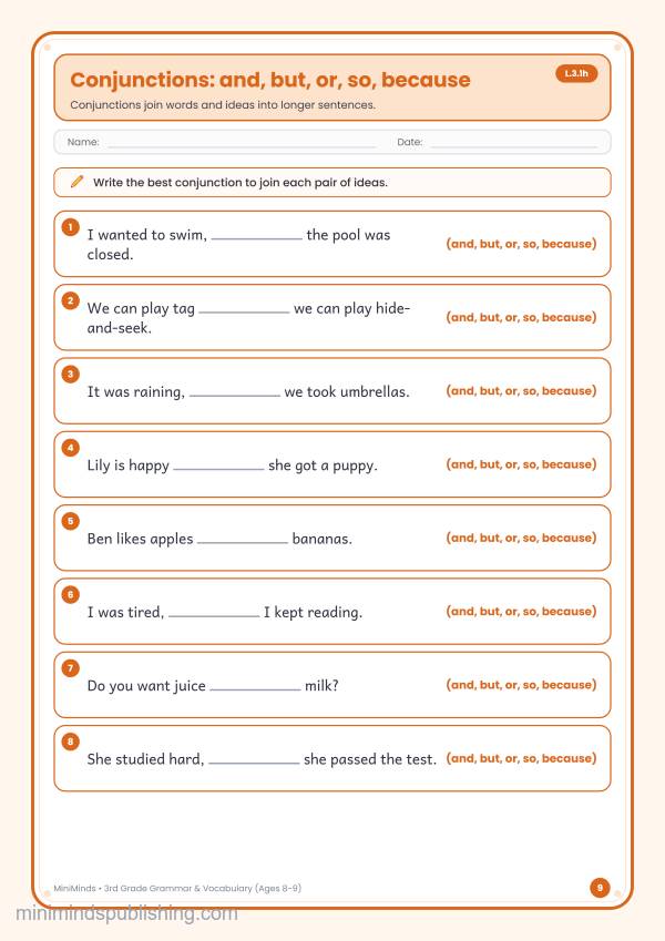 Conjunctions: and, but, or, so, because — free printable 3rd Grade grammar & vocabulary worksheet for ages 8-9 (Common Core L.3.1h)